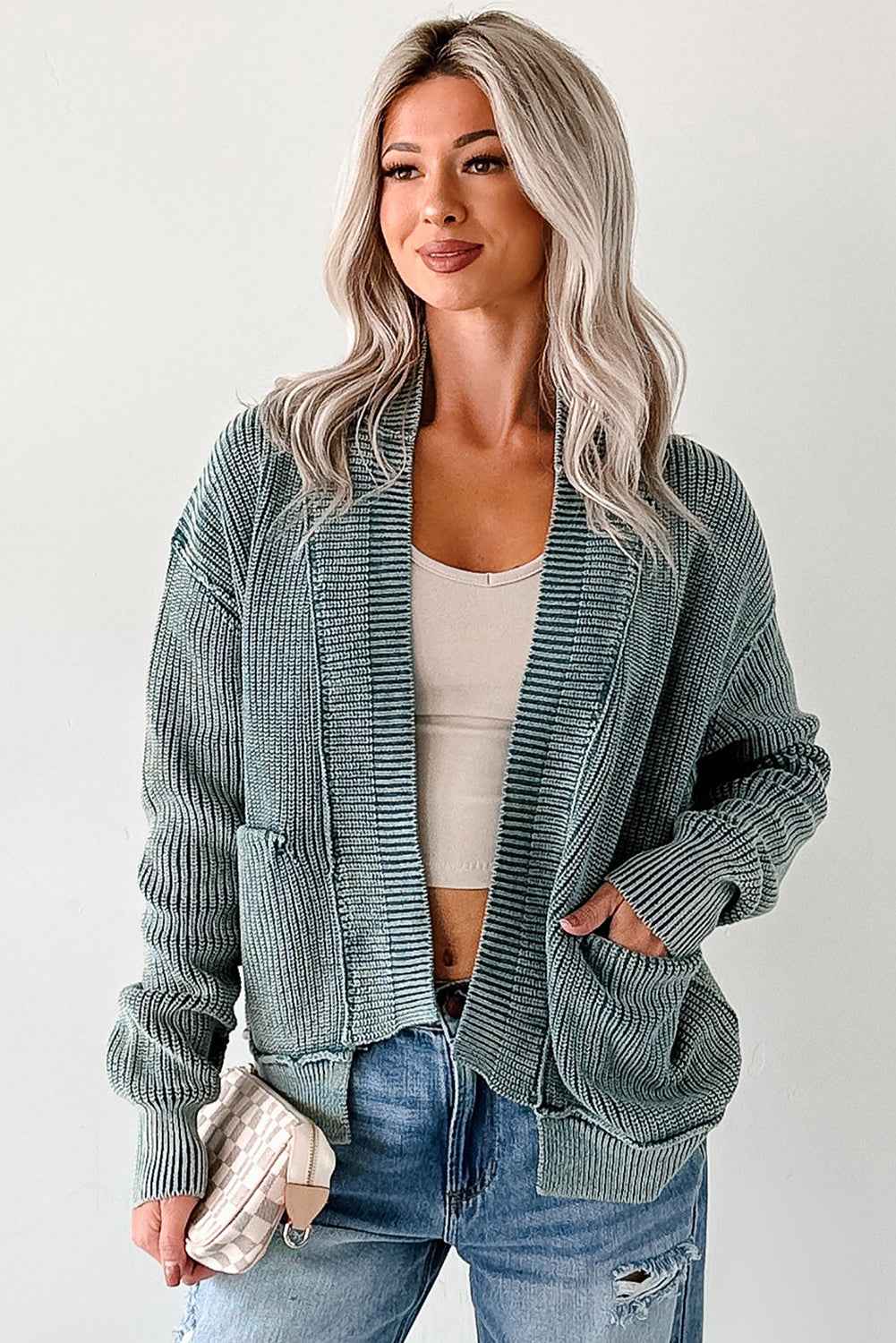 Chestnut Mineral Wash Exposed Seam Patchwork Knit Open Sweater Cardigan 5dd9eb8d6b51b0be
