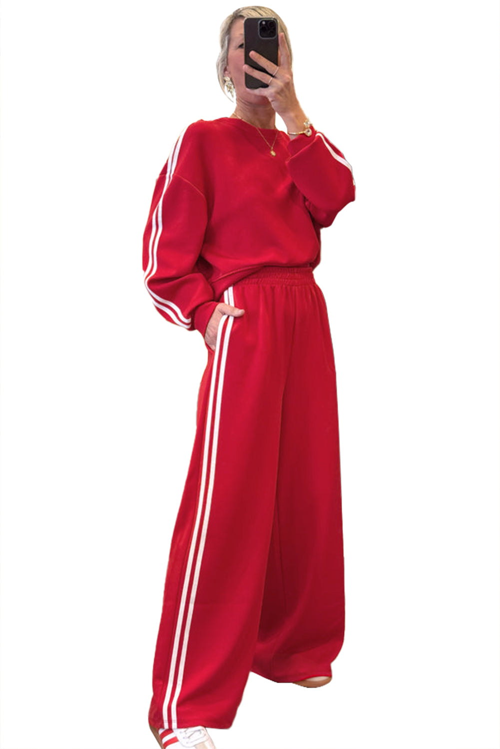 Dirty Blue Varsity Striped Detail Cropped Pullover Wide Leg Pants 2pcs Outfit 5dda871e136ad936