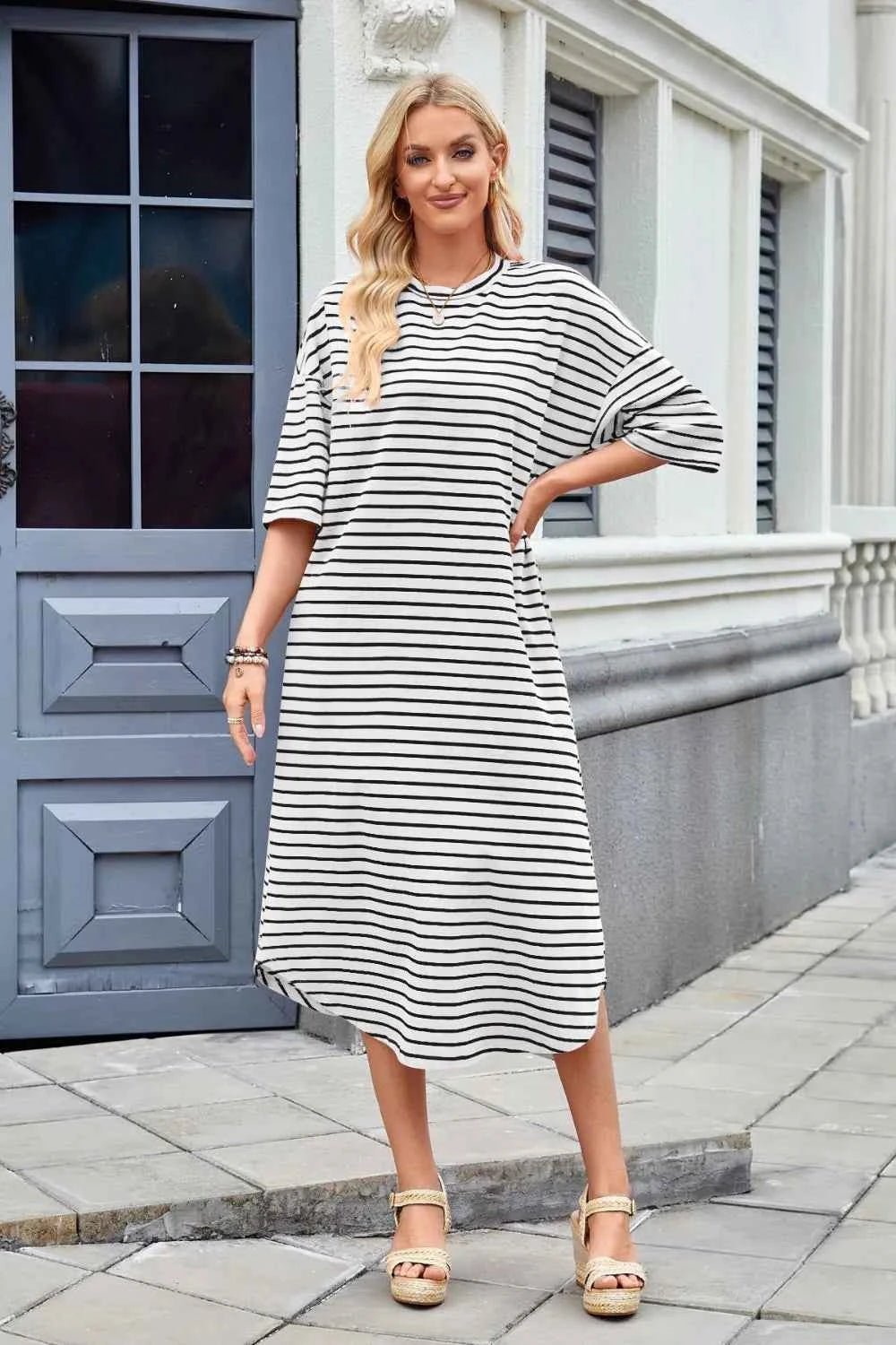 Lovelet Contrast Striped Half Sleeve Midi Tee Dress 5de06736-b411-4fe4-9057-065338bd6c1e-Max