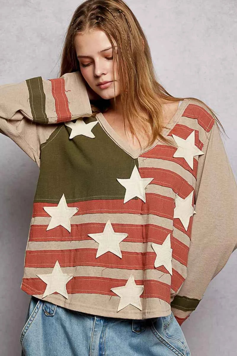 POL Double Gauze American Flag Patch V-Neck Long Sleeve T-Shirt 5de3ad52-9323-4b74-a79a-c367f2792cd5-Max-Origin