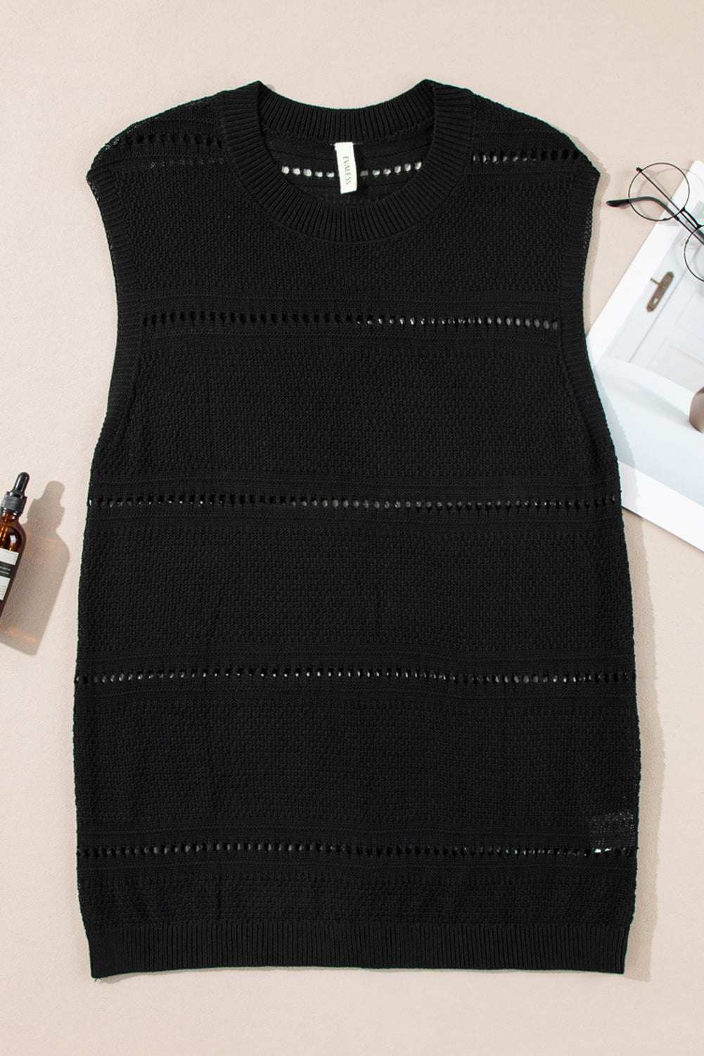 Black Solid Color Knit Pointelle Detail Loose Sweater Vest 5dedb72dee278ade