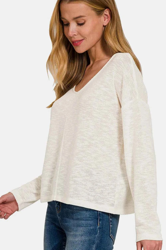 V-Neck Dropped Shoulder Long Sleeve T-Shirt 5deed1c8-414d-44b5-b16a-088ae8efcfbe-Max