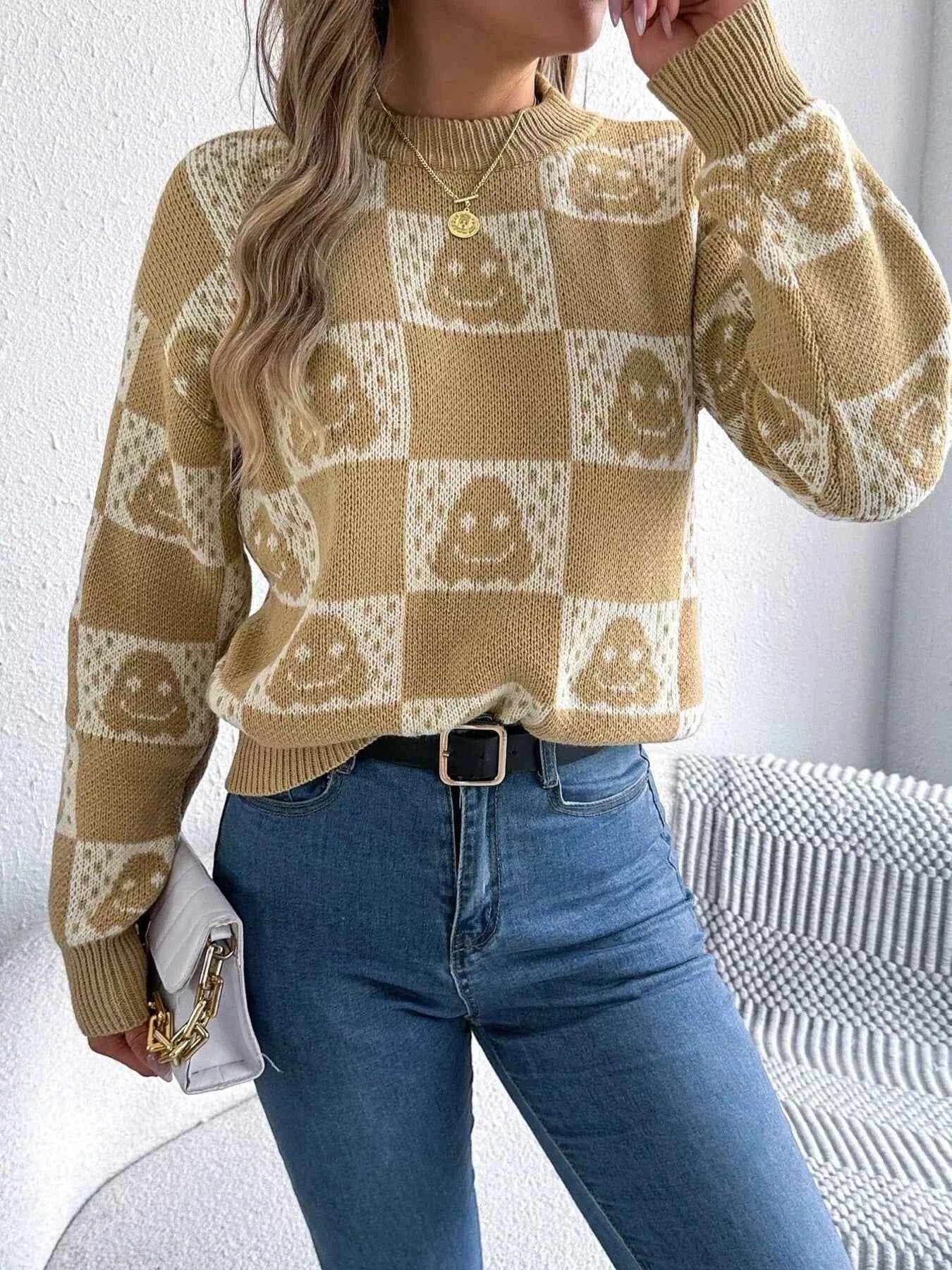 Halloween Ghost Pattern Checkered Round Neck Sweater Khaki 5df1f26ee82d4c87bcc76f59076e4de4-Max-Origin