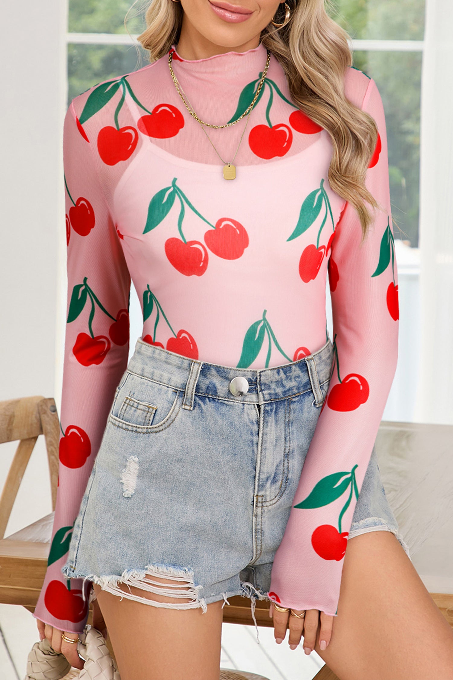 Pink Cherry Print Lettuce Trim Long Sleeve Mesh Top Pink 95%Polyester+5%Elastane 5df57fc7ccdff6d8