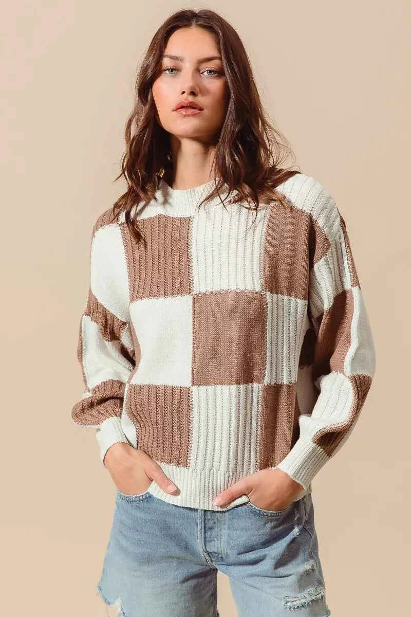 SO ME Ribbed Color Block Checkered Plaid Sweater 5df6ff7fc79e462fab14175150ea8d90-Max-Origin