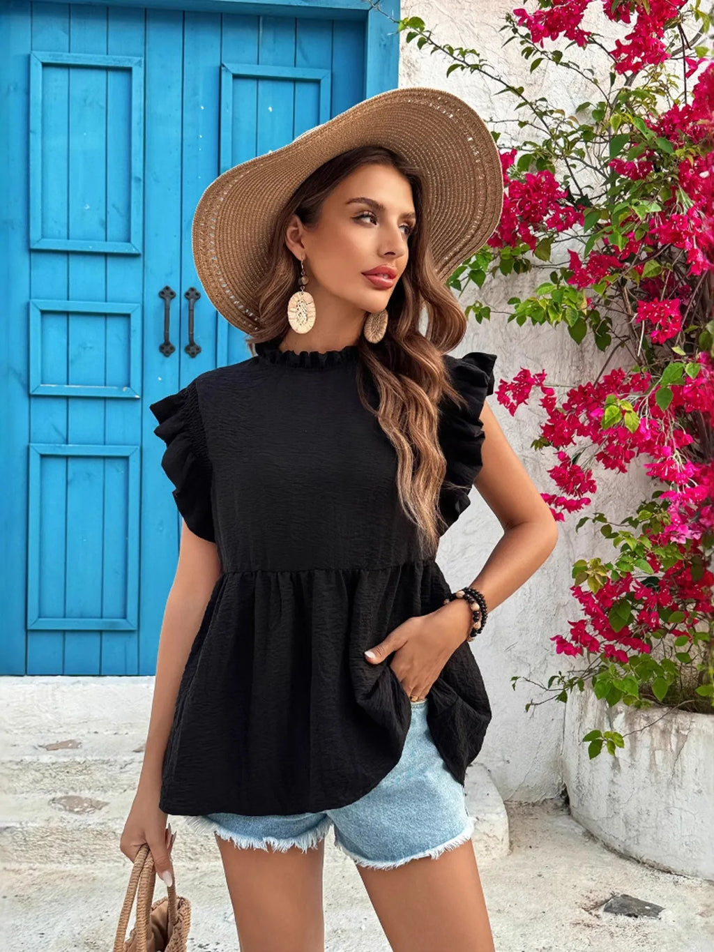Ruffled Cap Sleeve Blouse 5e0038074e7b46f5b8ff69ddc0b4dfb5-Max-Origin