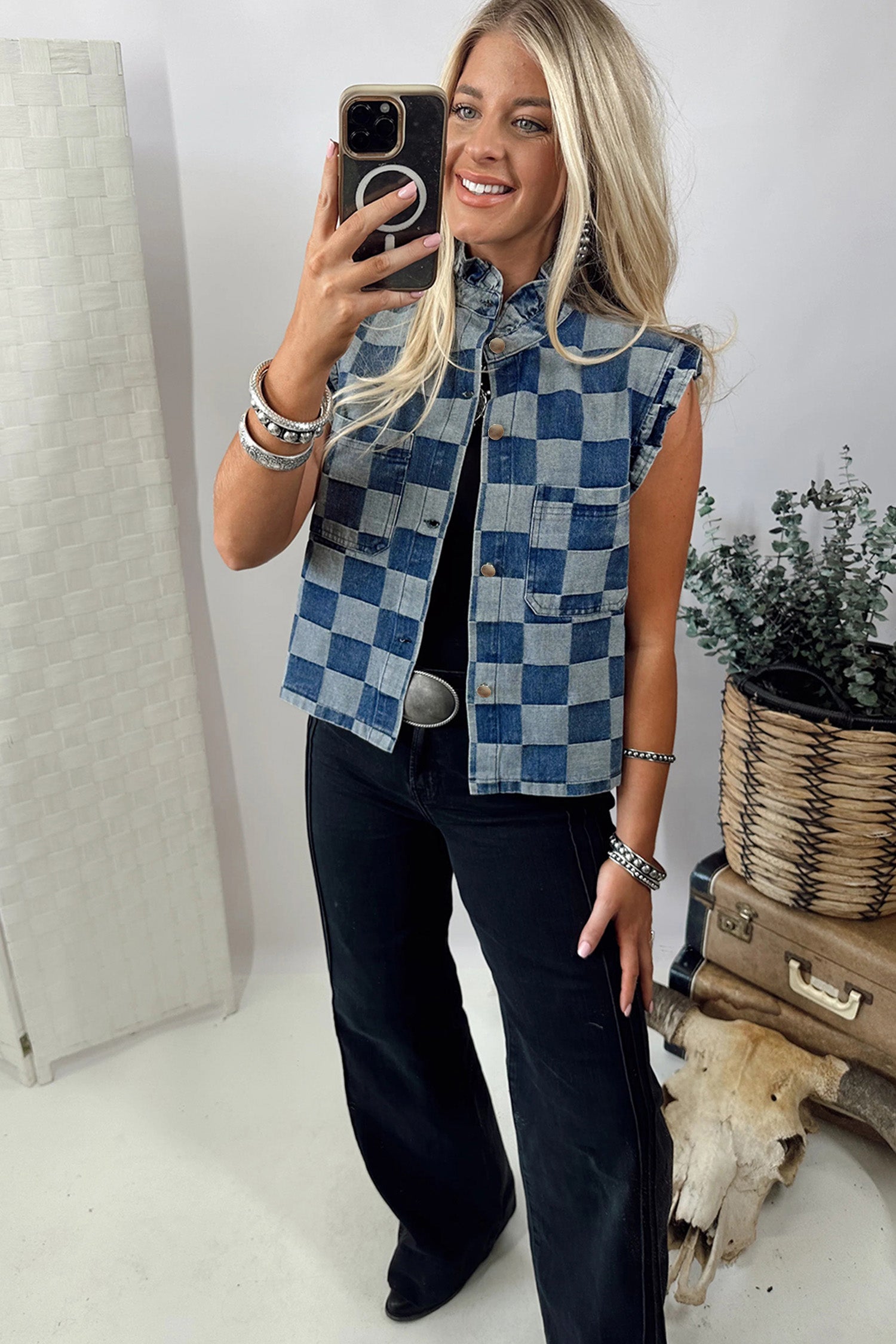 Beau Blue Checkered Ruffle Trim Button Down Denim Vest 5e0f6c7a3fa0b32d