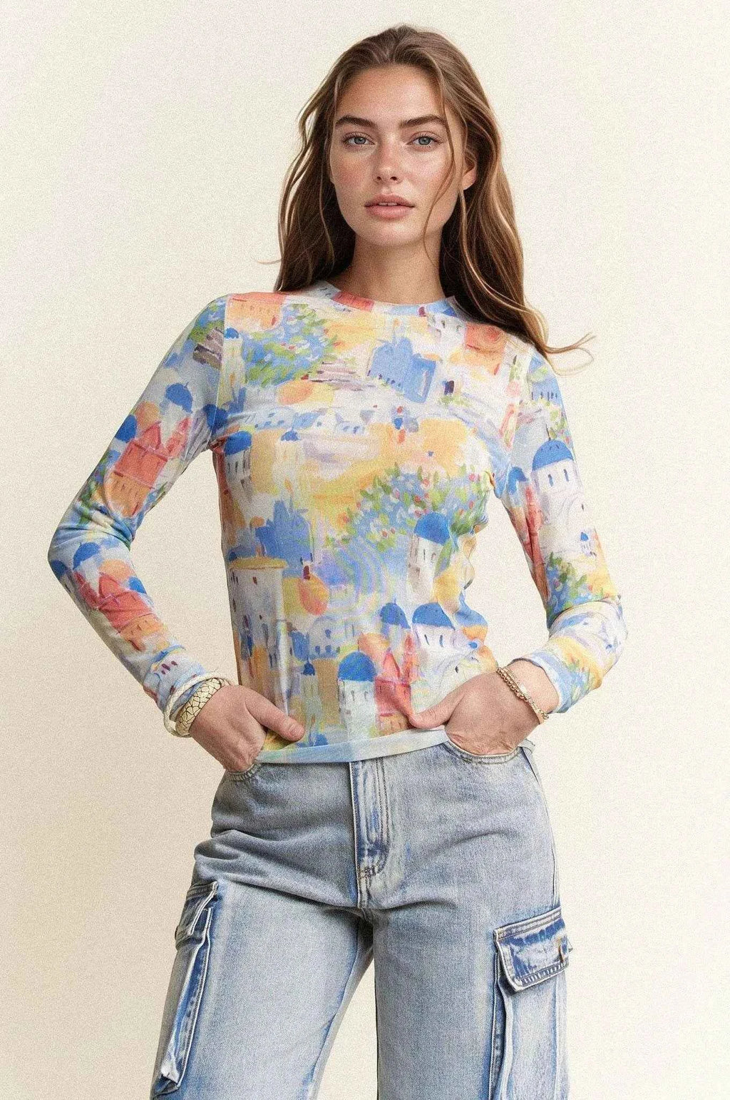 Davi & Dani Multi Printed Mesh Round Neck Long Sleeve Top COBALT MULTI 5e11a875b830488cb92294252996c4b5-Max-Origin