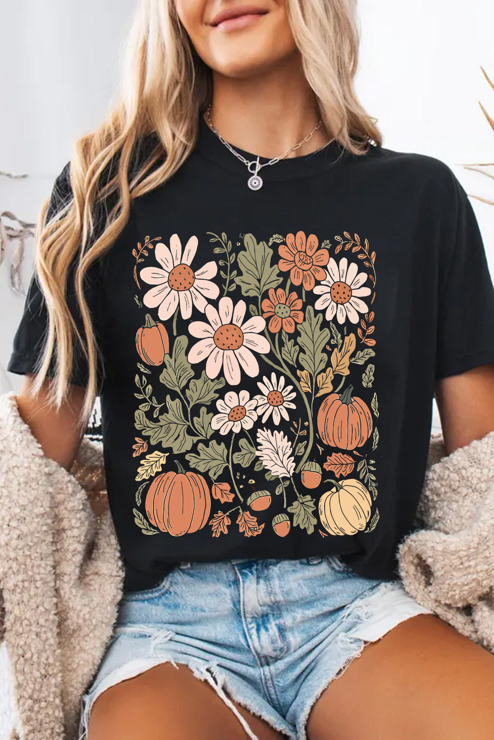 Black Wild Flower Pumpkin Heat Transfer Printing T Shirt 5e1e3d3e6fb8c52b