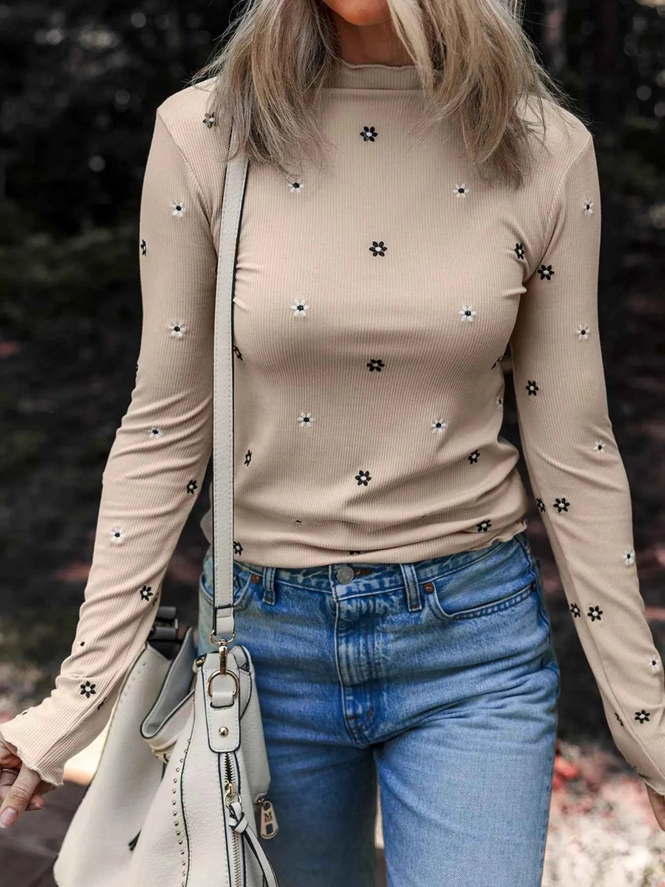 Floral Embroidered Detail Ribbed Long Sleeve Top Khaki 5e20f7ad7fab46c7a737bf86aa14363e-Max-Origin