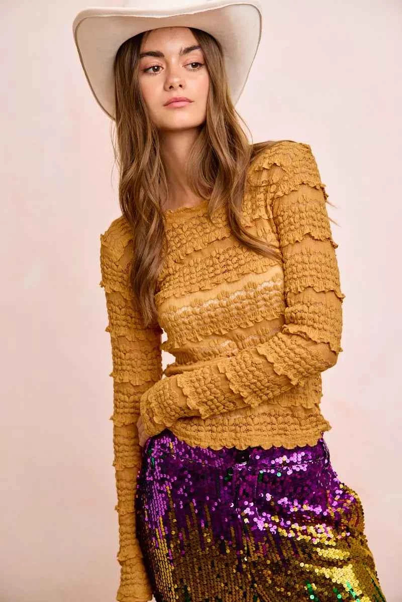 Ruffles Detail Mardi Gras Color Flower Lace Top 5e2383fdb4634e55b9b4051a6f7271b7-Max-Origin