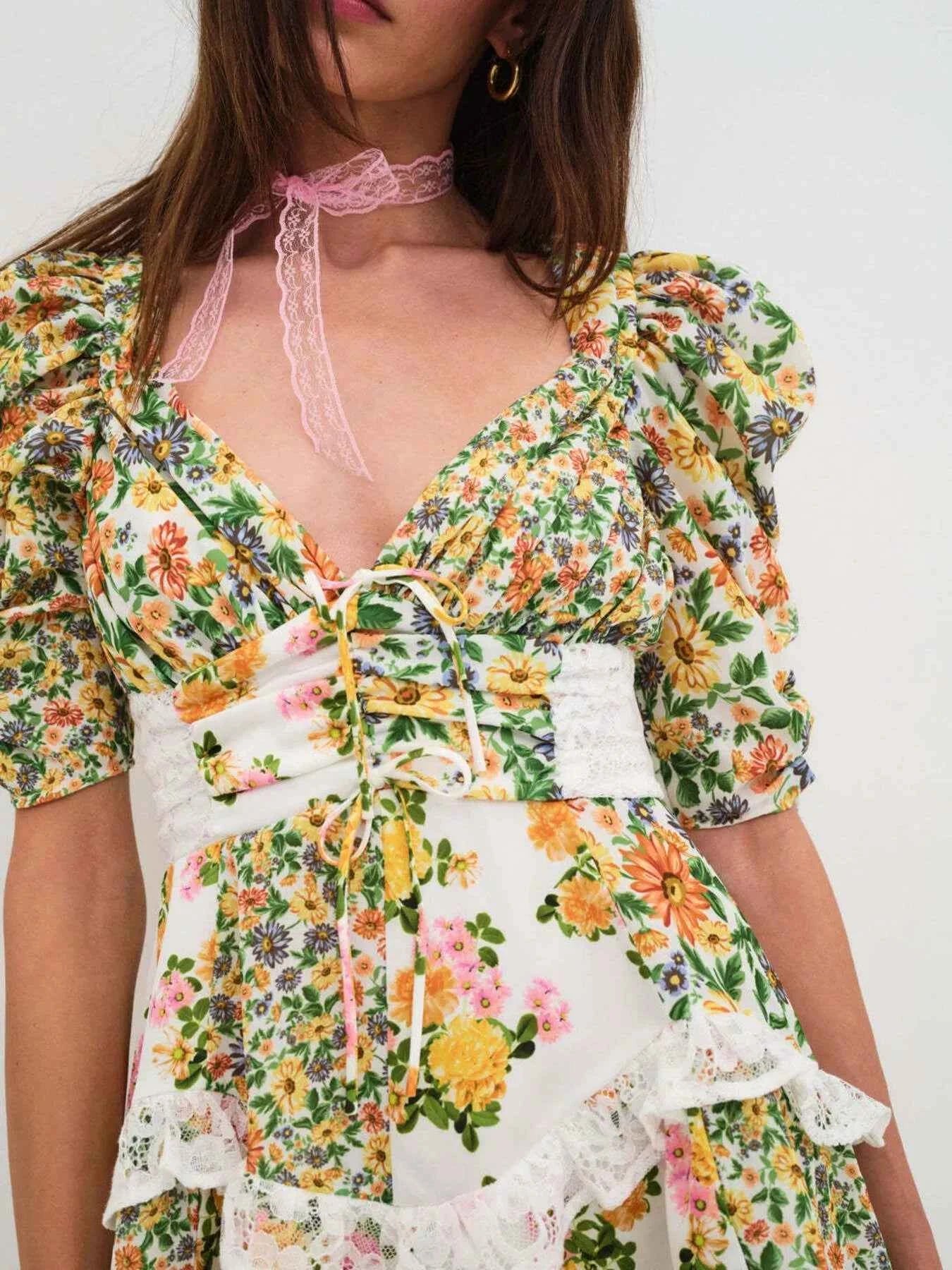 Ruffled Floral Print Half Sleeve Dress Lemon Yellow 5e2f8ee0-9371-4b9b-bcb3-f1bd26258aa4-Max-Origin