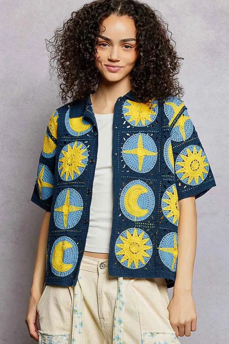 POL Openwork Short Sleeve Crochet Shirt NAVY MULTI One Size 5e337698-6f93-4de6-89ce-5ec22ba5d6f3-Max-Origin