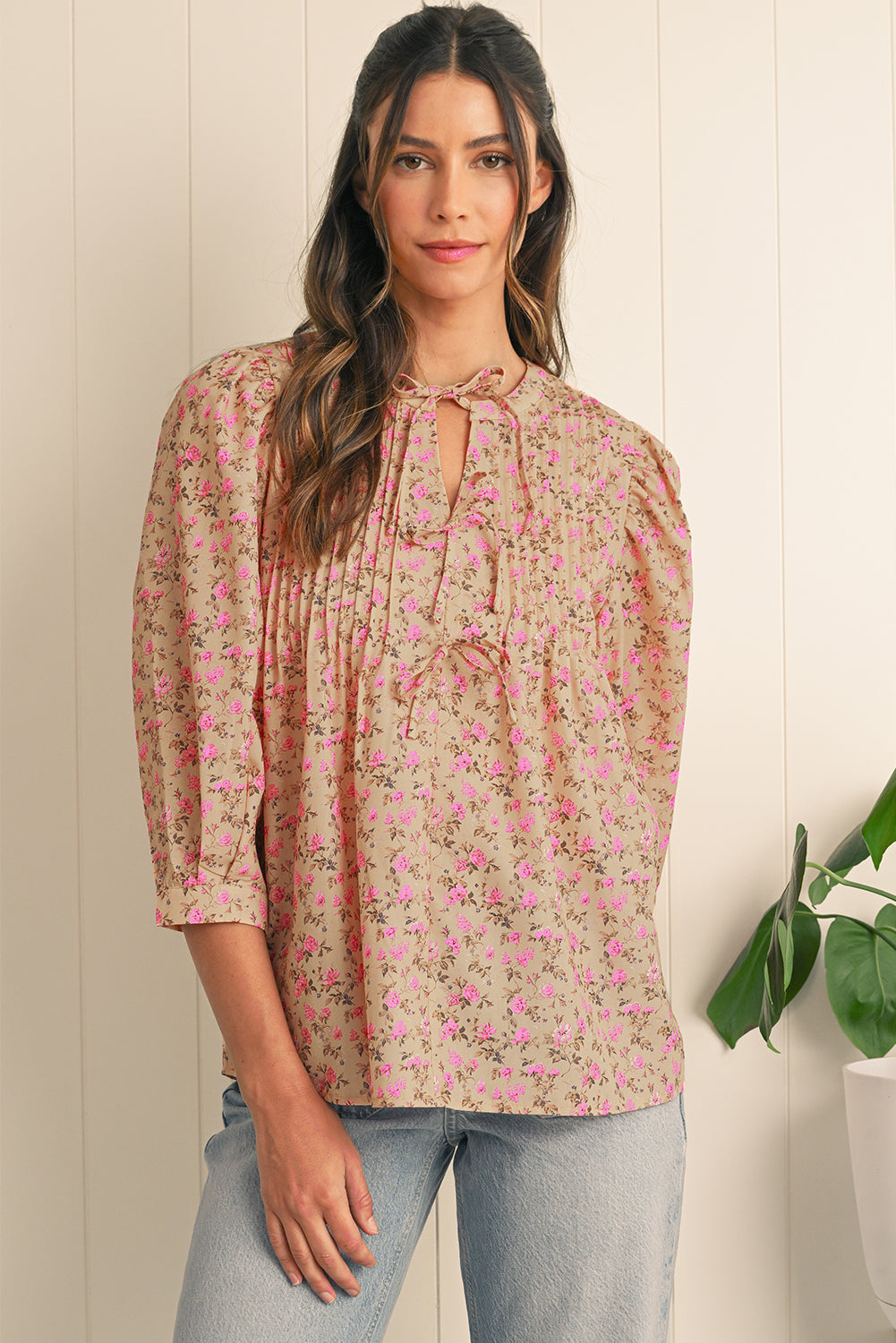 Light French Beige Ditsy Floral Print Bow Front Puff Sleeve Blouse 5e351c73fb799ad3