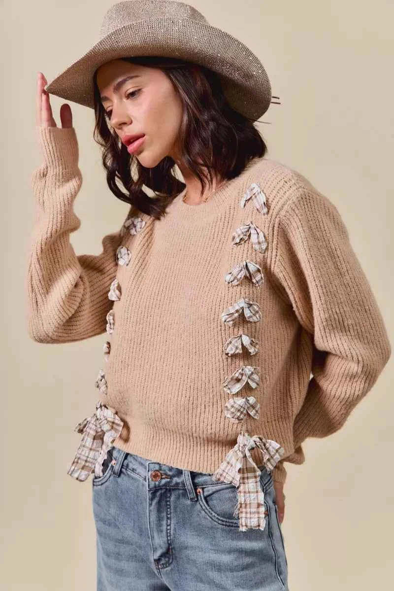 SO ME Checkered Plaid Tape Lace Up Ribbed Sweater 5e3606c0c8234306a7e00223d9b02282-Max-Origin