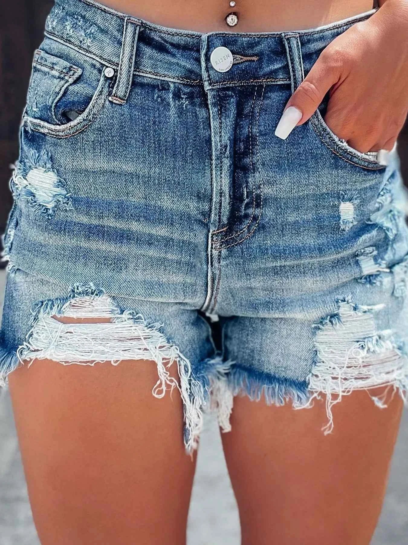 Distressed High Waisted Denim Shorts Denim Blue 5e3731234067437da5aced95e2c34a2f-Max-Origin