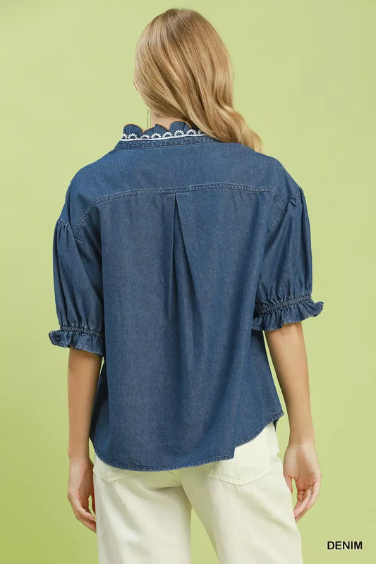 Chambray Scalloped Trim Button Front Blouse 5e37ede2-cabd-460b-940b-e74eecd239a9-Max-Origin