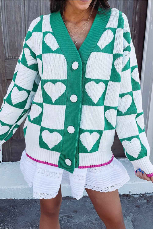 Sea Green Plaid Heart Knit V Neck Button Down Sweater Cardigan 5e3a0b27622526ef