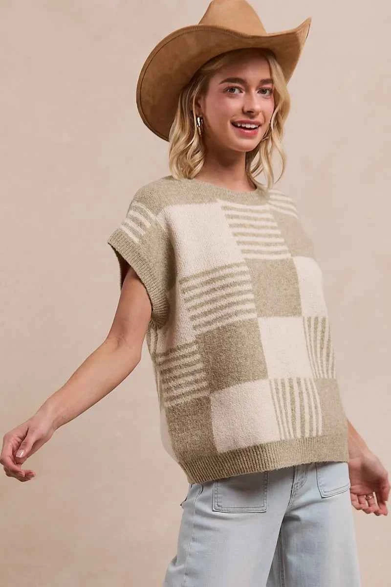 BiBi Checker With Stripes Pattern Sleeveless Sweater 5e3aeb9ae1e94fe495896a6f90d358f5-Max-Origin