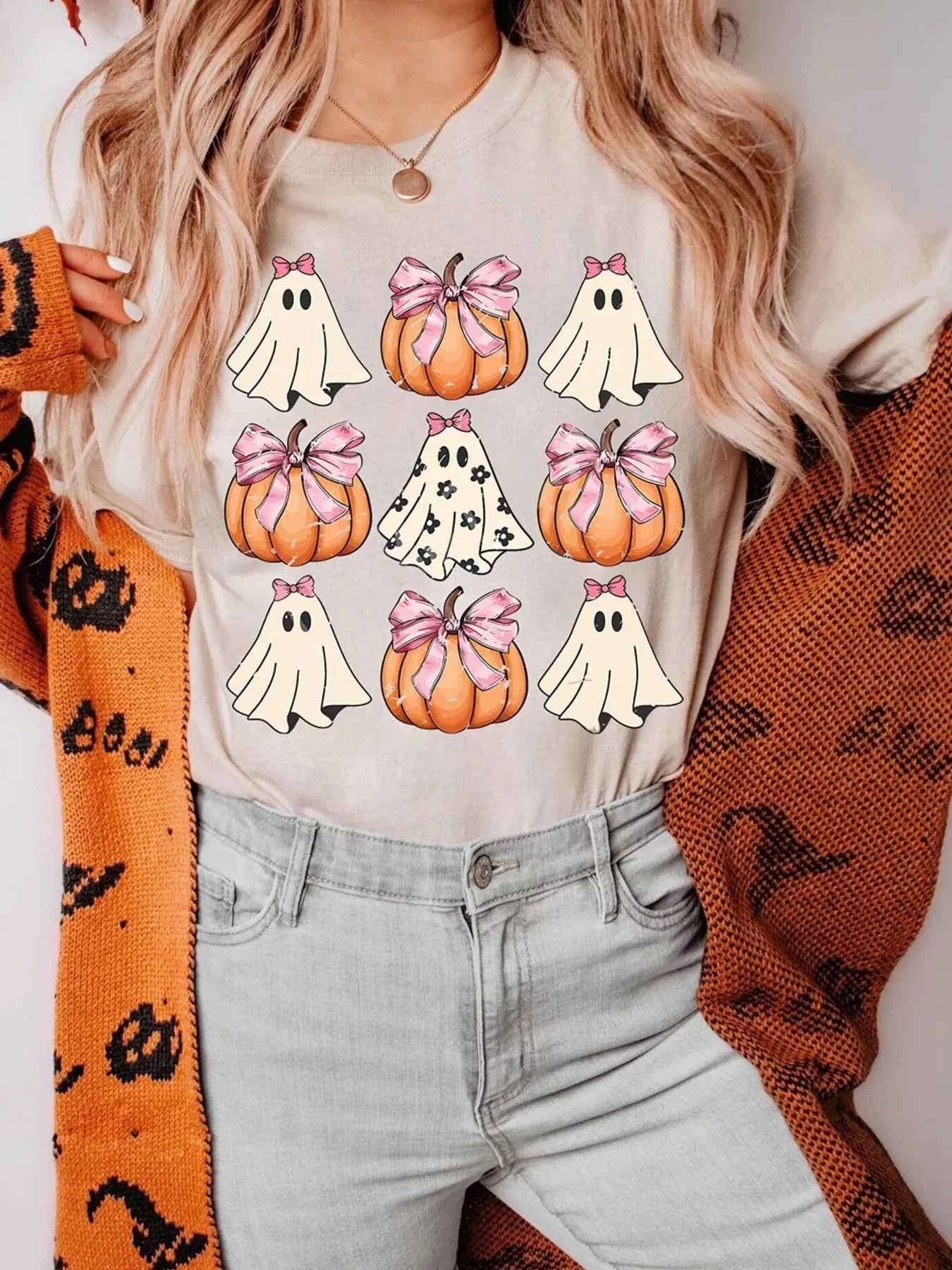 Halloween Bowknot Ghost Pumpkin Graphic T Shirt Tan 5e4a8407347945848c590392ad7b7d61-Max-Origin