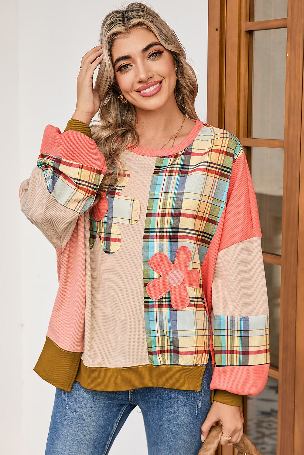Multicolor Plaid Flower Patchwork Waffle Drop Shoulder Loose Top 5e57775fbefcc285
