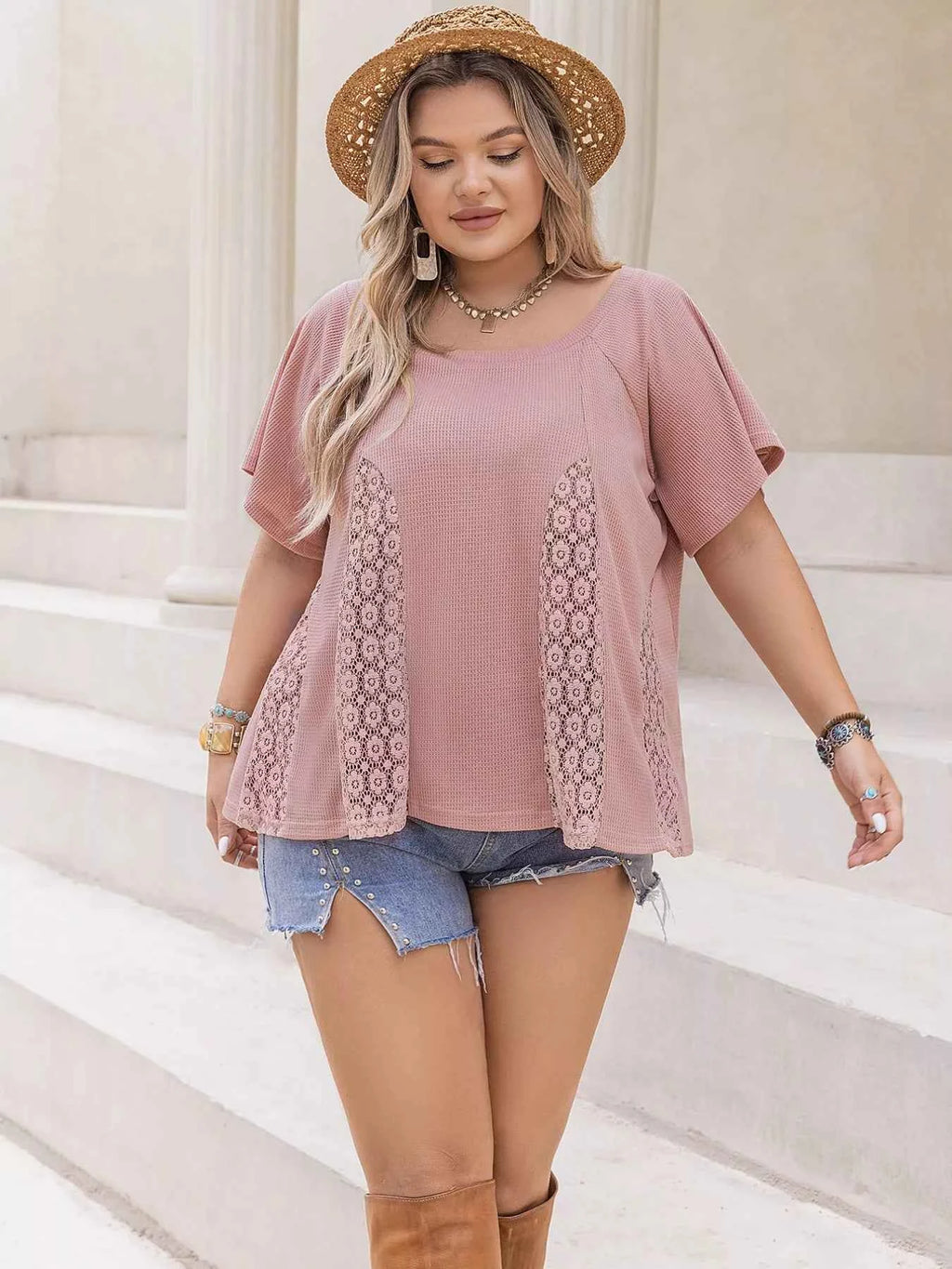 Plus Size Lace Detail Round Neck Short Sleeve T-Shirt 5e59b9aa-679a-41ca-b9ff-542fee9cd44c-Max-Origin