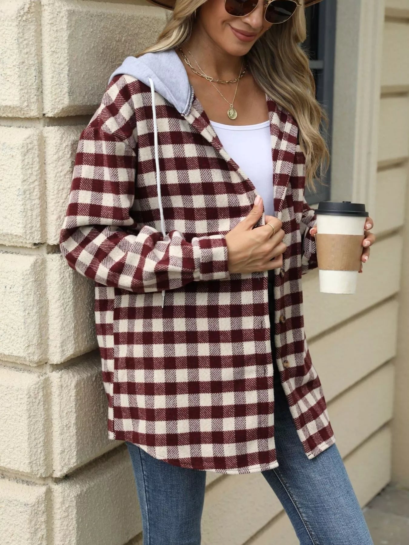 Plaid Button Up Long Sleeve Drawstring Hooded Jacket 5e5b0fa32a25437fa654dcc12348a3ee-Max-Origin