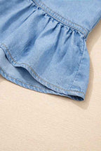 Denim Chambray Ruffle 3/4 Sleeve Buttoned Shirt 5e62f7f2-b29d-40da-aa19-601b684c0f35
