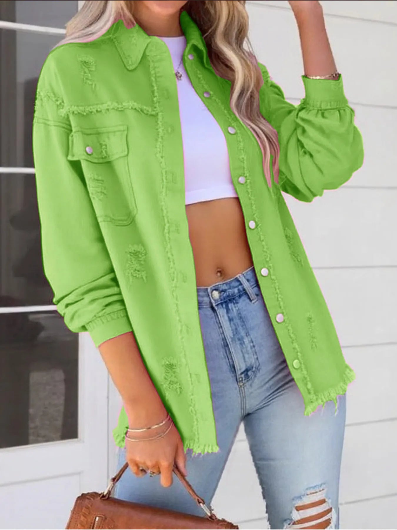 Distressed Denim Jacket with Frayed Edges Light Green 5e65298f013841e78285a646e042a23c-Max-Origin