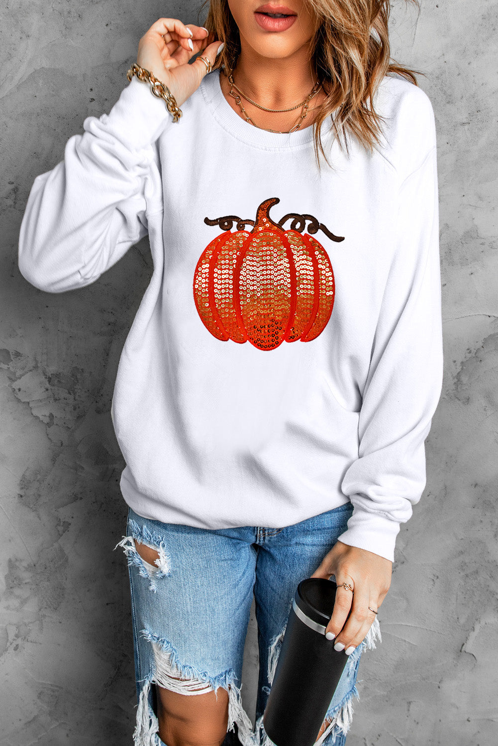 White Sequin Pumpkin Patched Casual Pullover Graphic Sweatshirt 5e6d61513a19380e