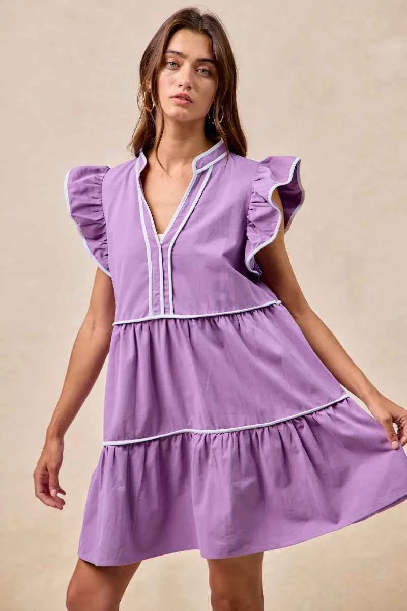BiBi Gameday Theme Contrast Binding Ruffled Dress PURPLE 5e6d9ec4ad0d4112bfe6b9a376e6ed86-Max-Origin