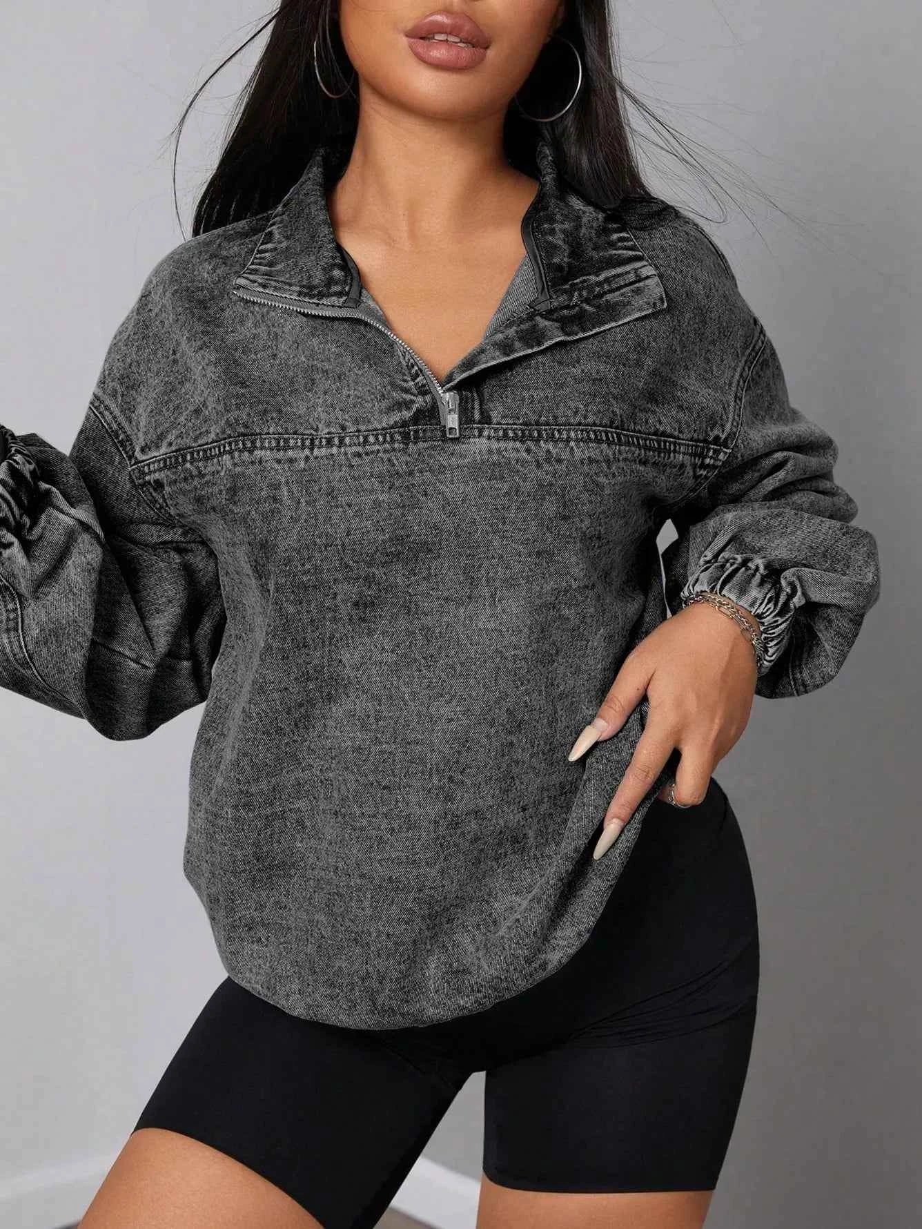 Elastic Hem Quarter Zip Denim Top 5e6dacc4-61a3-4f24-8137-70adb69be8e7-Max-Origin