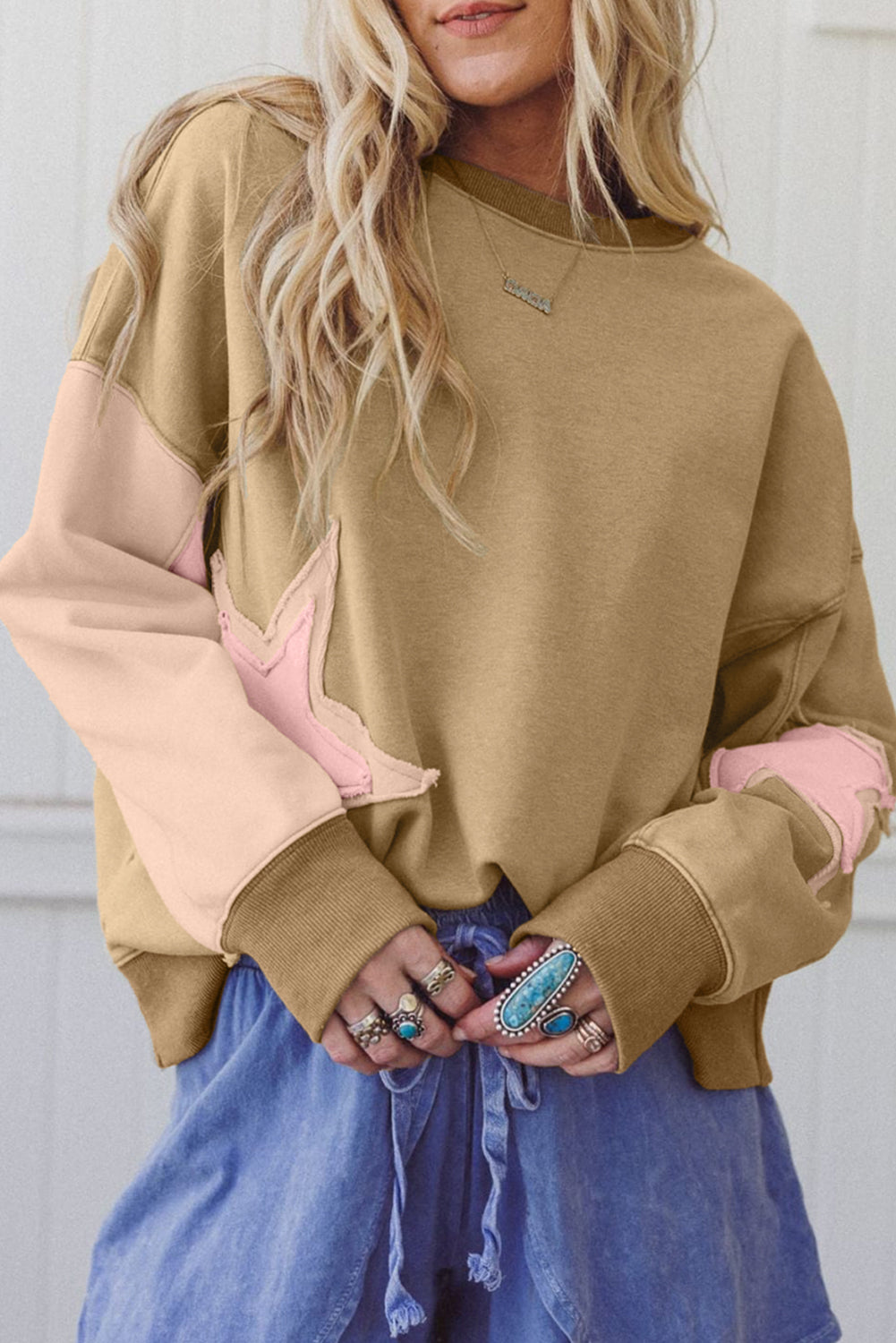 Rose Pink Star Patchwork Exposed Seam Uneven Hem Sweatshirt Sage Green 65%Polyester+35%Cotton 5e6dc92161a9aabd