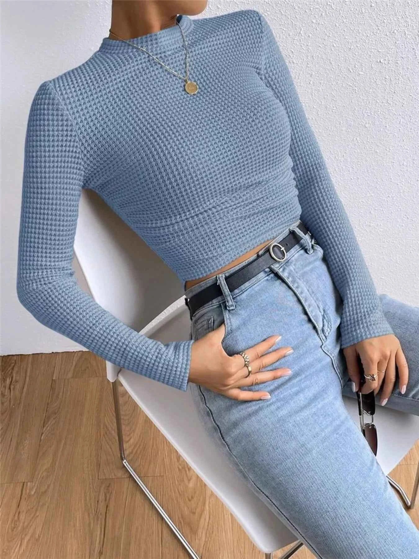 Waffle Knit Long Sleeve T-Shirt 5e74f6f2a17a407c8512a66b7ca98d3e-Max-Origin