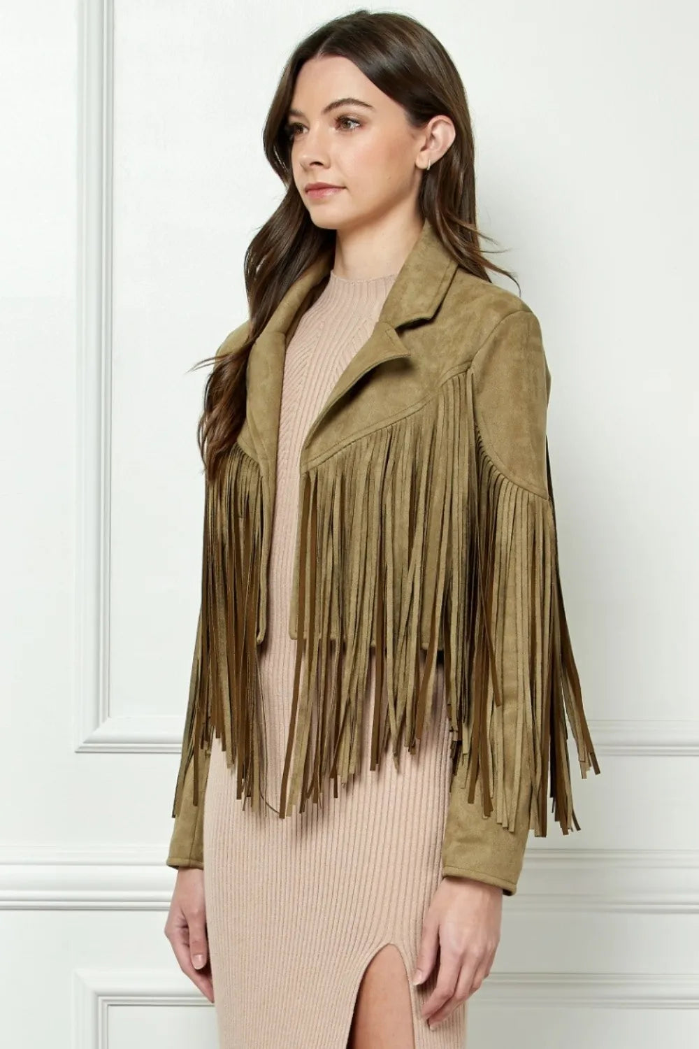 Veveret Suede Fringe Long Sleeve Moto Jacket OLIVE 5e775853-00b8-44cf-8e08-2bf57285d3b8-Max