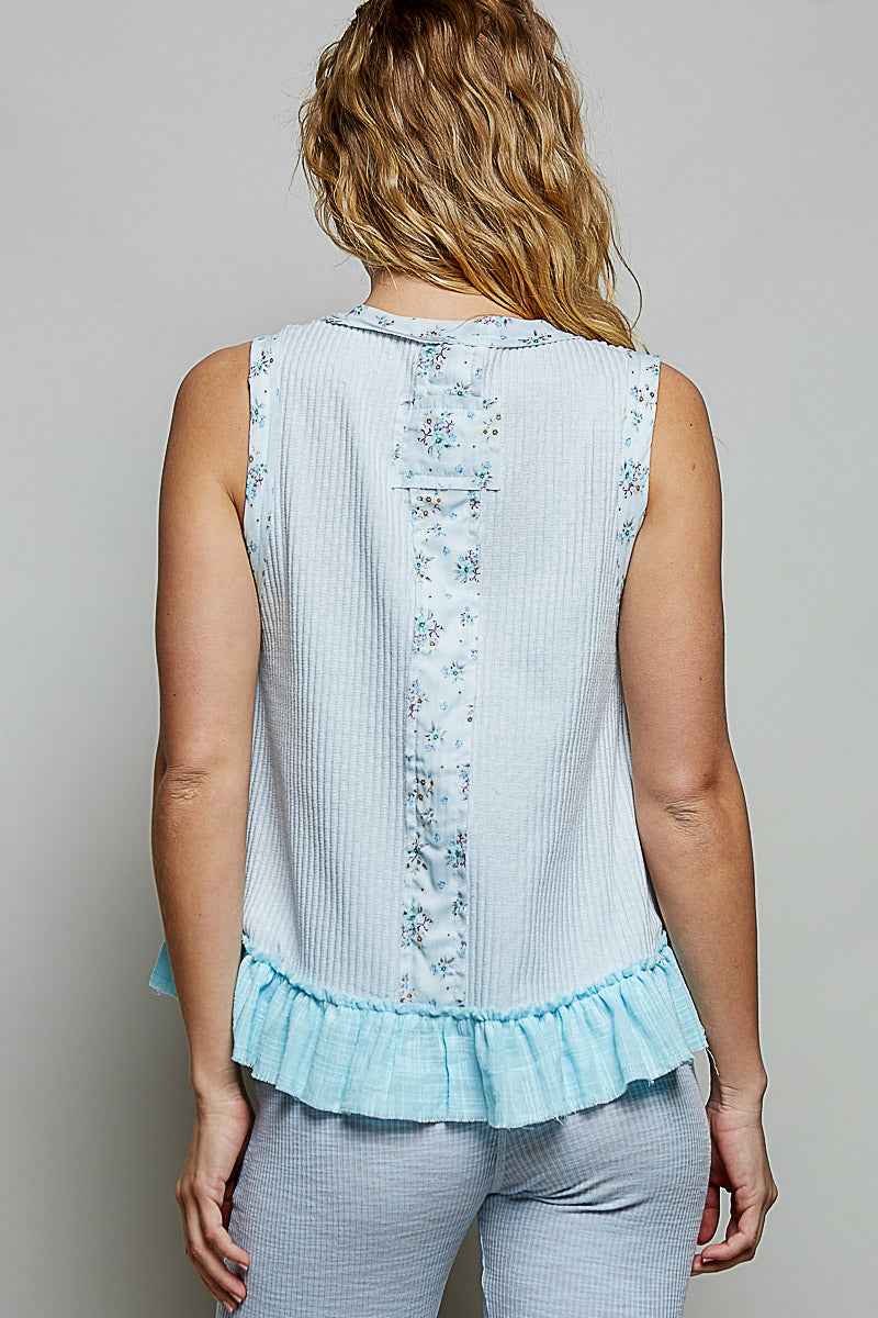 POL Floral Print Patche Round Neck Ribbed Tank with Double Gauze Ruffle Accents 5e795858-d9ba-4507-8abf-d629b327ede2-Max