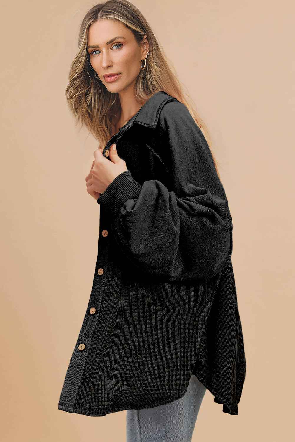 Black Waffle Knit Patchwork Exposed Seam Loose Shacket 5e7ecbf6e40317cb