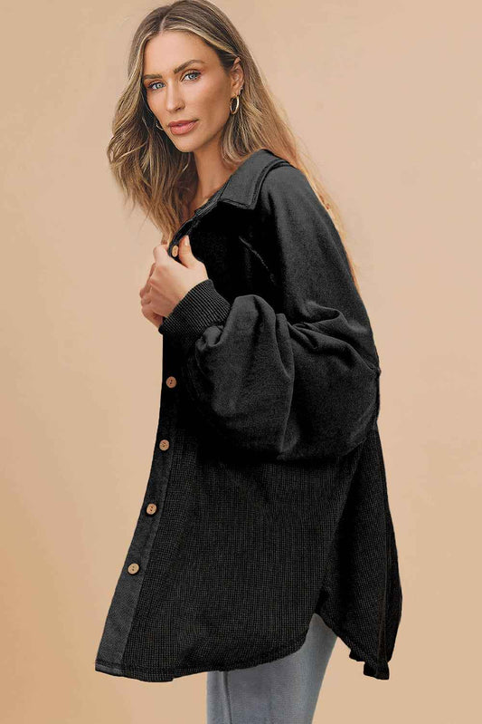Black Waffle Knit Patchwork Exposed Seam Loose Shacket 5e7ecbf6e40317cb