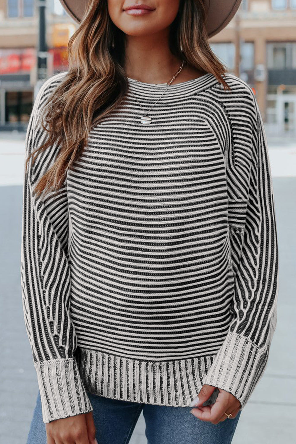 Black Striped Print Ribbed Knit Raglan Sleeve Baggy Sweater 5e7fcea07420101a