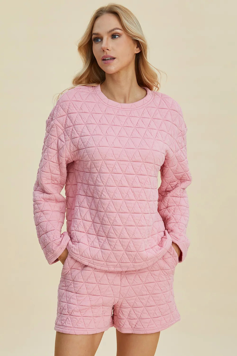 Double Take Full Size Texture Round Neck Long Sleeve Top and Shorts Set 5e8402b6-84cc-4b60-a5bb-4f42780d8e97-Max