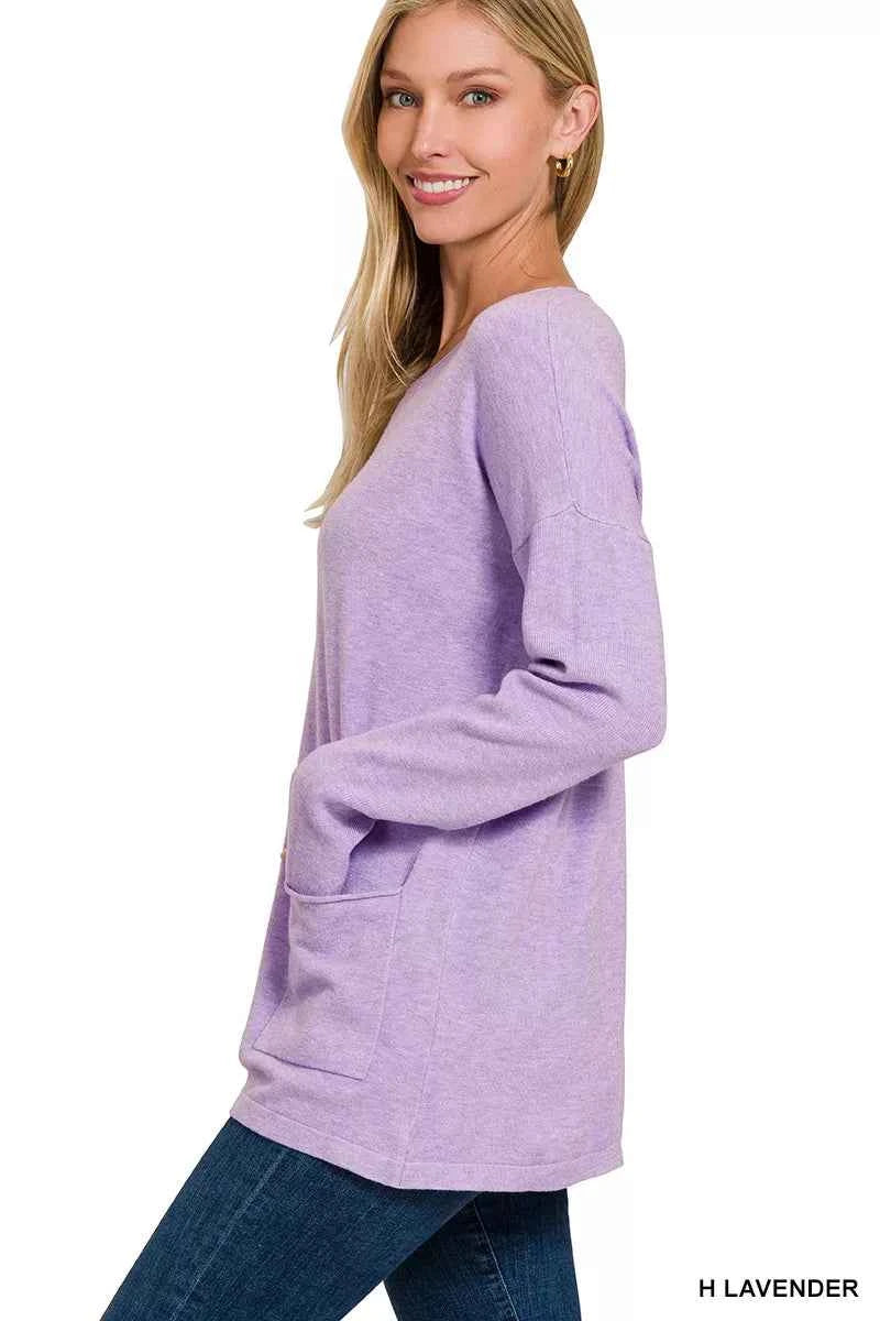 Zenana Viscose Long Sleeve Front Pockets Sweater