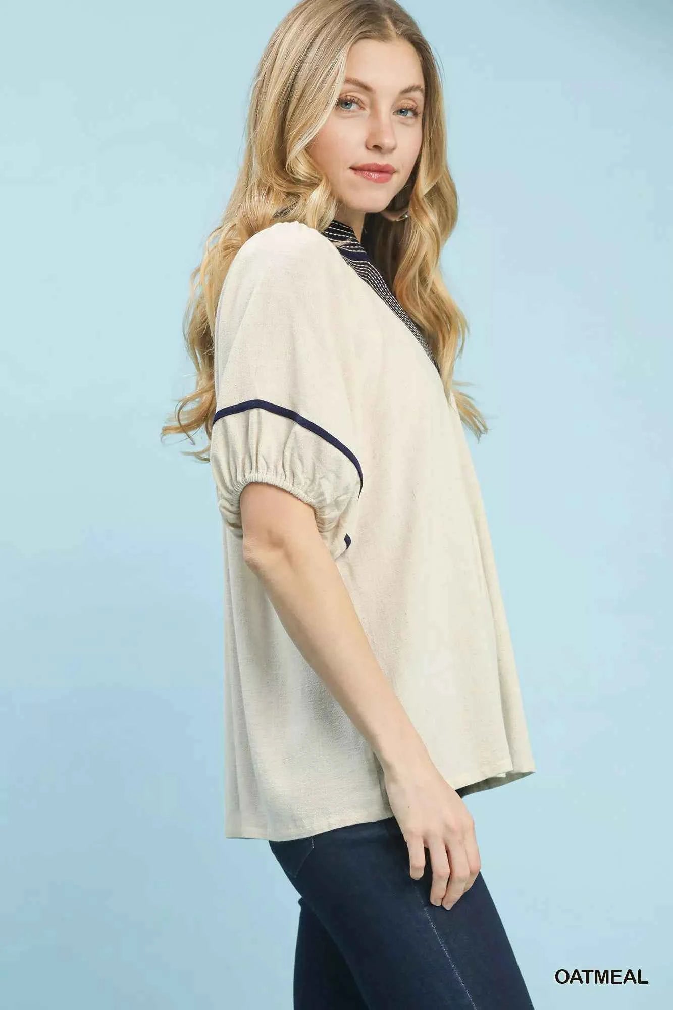 Umgee Linen Puff Sleeve Contrast Trim Top 5e8550ad-630a-415b-b4e7-186ef7f48222-Max-Origin