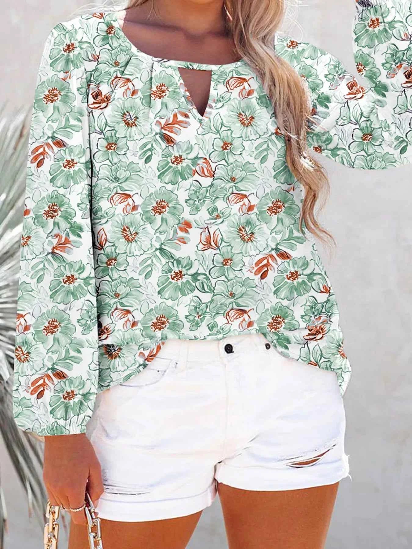 Floral Print Keyhole Neck Blouse Sage 5e87ae550d2041deb304e10ed90f2ce0-Max-Origin