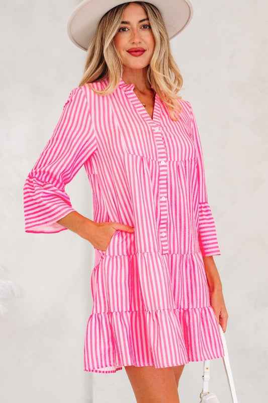 Stripe V-Neck Flare Sleeve Tiered Mini Dress 5e87b84e-12ba-4c22-81bd-ce25e5b437f6