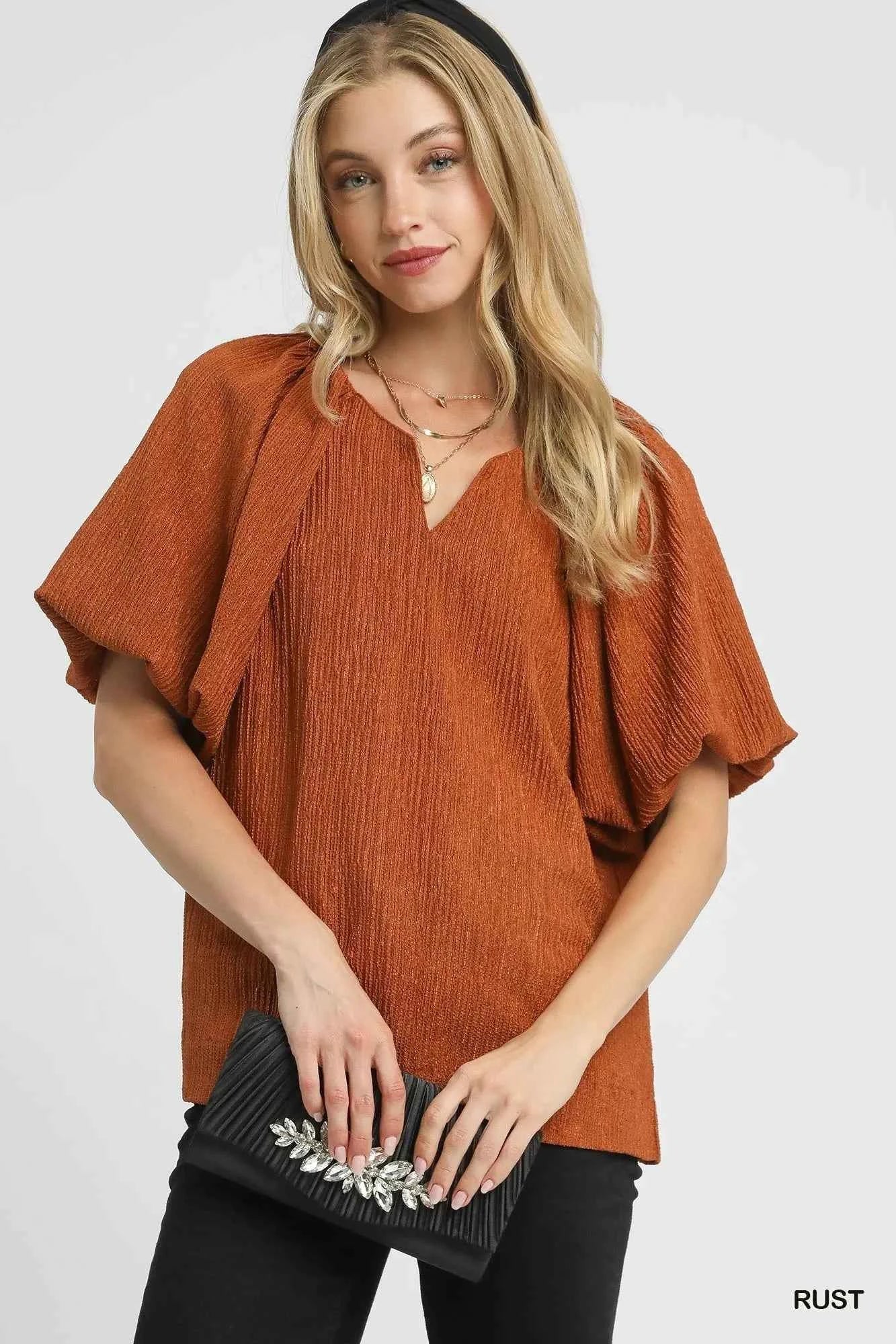 Umgee Textured Flutter Sleeve Notch Neck Top Rust 5e8ce0d7-3f25-4c63-8ee3-f5e3ce5ad7b7-Max-Origin