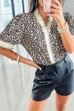 Black Leopard Print Striped Ruffled Color Block Trim V Neck Short Sleeve Blouse Black 100%Polyester 5e910110cb078546