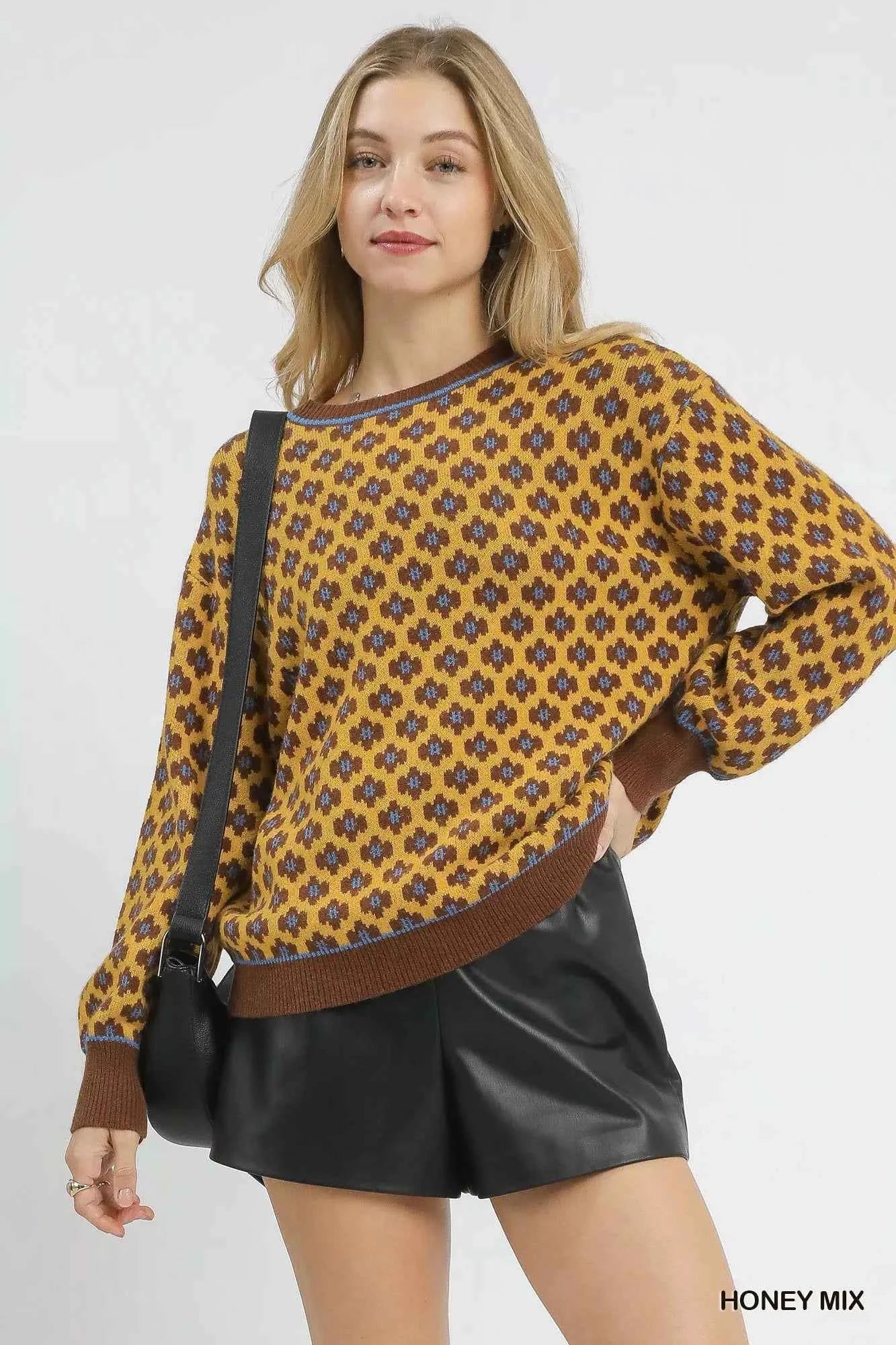Umgee Abstract Print Crew Neck Sweater HONEY MIX 5e93055f-2efe-4e5f-911c-5b8feb95dd84-Max-Origin