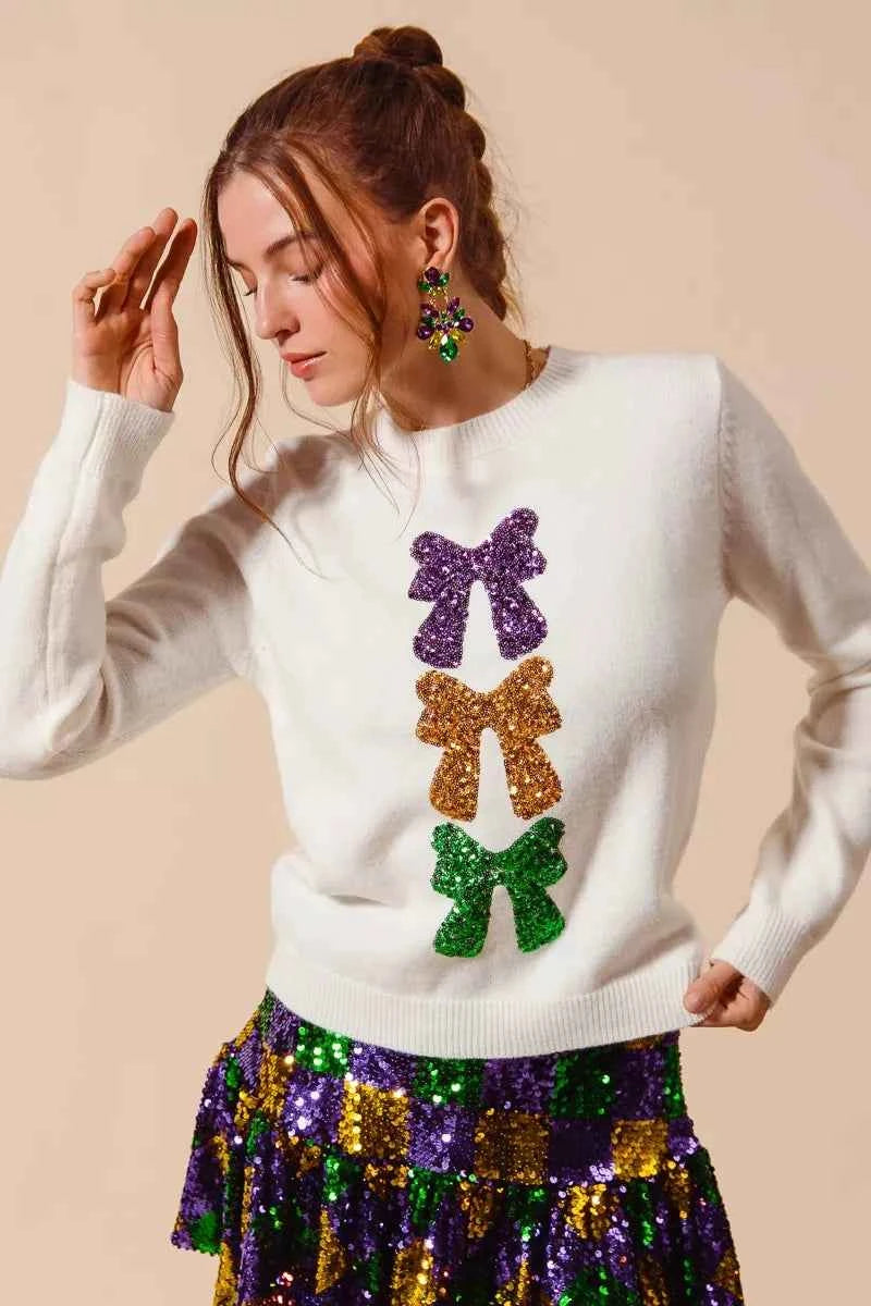 SO ME Mardi Gras Sequins Bow Ribbon Embellished Sweater 5e95a66be1b2470daa2b493e08c5bd72-Max-Origin