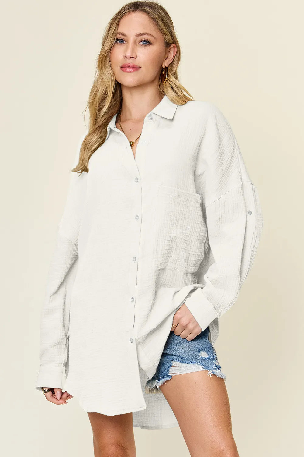 Double Take Full Size Pocketed Texture Button Up Shirt 5e9a3a4d-ac03-4bc6-ab66-48a504da82f1-Max