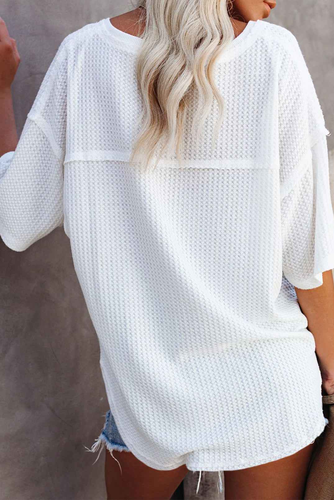 Blue Exposed Seam Drop Sleeve V Neck Waffle Textured Top 5e9a61c14e0523c3